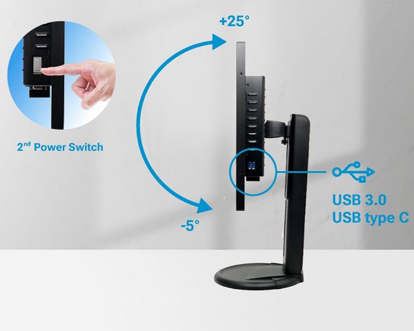 Height Adjustable Stand with additional monitor power button.